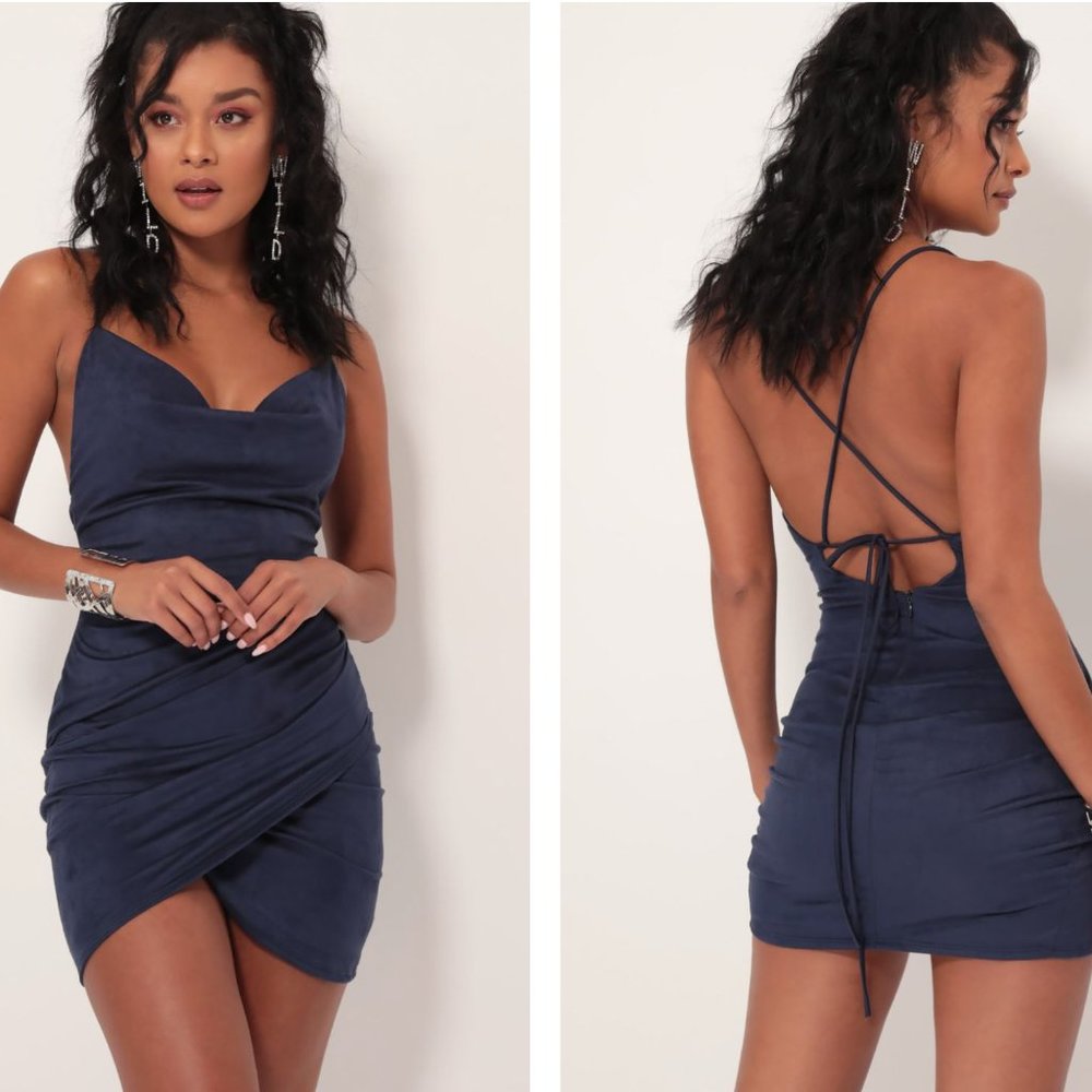 Lucy in the Sky Tulip Cowl Neck Mini Dress Blue